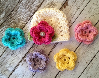 The Ashlee Beanie in Ecru with Five Interchangeable Flowers Available in Newborn to Adult Size- MADE TO ORDER