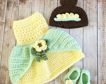 Princess Tiana Inspired Costume/Tiana Hat/Wig/ Crochet Princess Tiana Dress/Princess Photo Prop Newborn to 12 Months- MADE TO ORDER