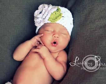 The Sofia Flower Beanie in White, Violet, and Celery Green Available in Newborn to Tween Size- MADE TO ORDER