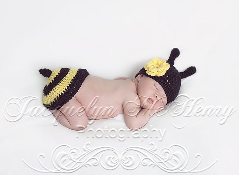 Little Miss Bumble Bee Beanie in Black and Yellow Available in Newborn to 6 Months Size MADE TO ORDER image 4