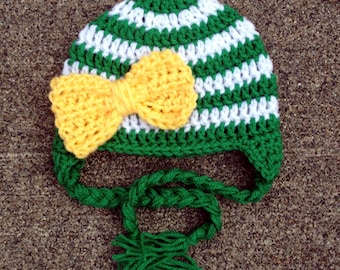 Oregon Ducks/Green Bay Packers Inspired Stripe Big Bow Beanie in Green, Yellow and White Available in Newborn to Adult Size- MADE TO ORDER