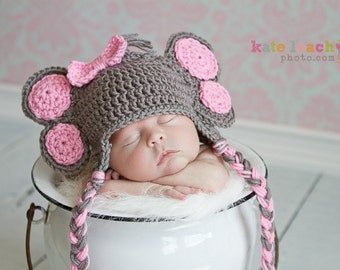 ELEPHANT HAT;  Pink or Grey;  Hand Knitted to order; All ages Newborn to Adult