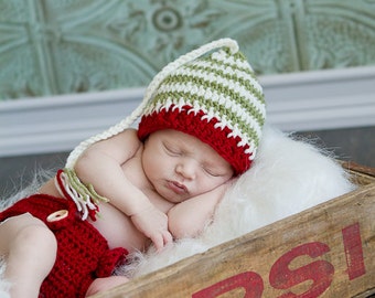 Santa's Little Helper Beanie and Diaper Cover in Cranberry, Ecru and Olive Green Available in Newborn to 12 Months- MADE TO ORDER