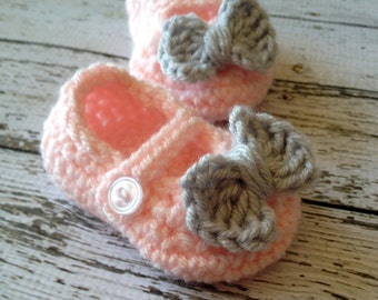 Mary Jane Baby Booties/Baby Shoes/Soft Shoes/Shoes in Pale Pink and Gray Available in 0 to 24 Months Size- MADE TO ORDER