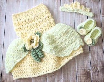 Princess Tiana Inspired Costume/Crochet Princess Tiana Dress/Princess Photo Prop Newborn to 12 Months- MADE TO ORDER