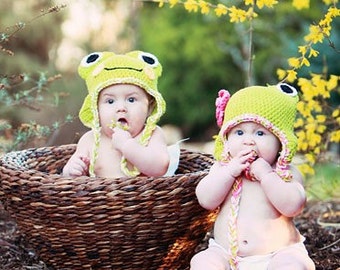 The Girl Frog Earflap Beanie in Lime Green, White, and Hot Pink Available in Newborn to 5 Years- MADE TO ORDER