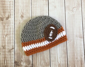 Texas Longhorns Inspired Football Beanie in Gray, Burnt Orange and White Available in Newborn to 5 Years Size- MADE TO ORDER