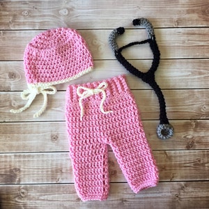 Little Miss Doctor Scrub Hat, Stethoscope and Matching Pants Available in Newborn and 0-3 Month Size- MADE TO ORDER image 1