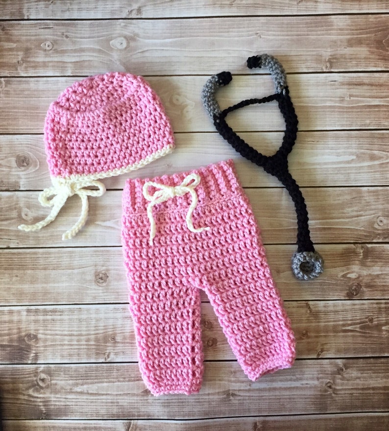 Little Miss Doctor Scrub Hat, Stethoscope and Matching Pants Available in Newborn and 0-3 Month Size- MADE TO ORDER image 1