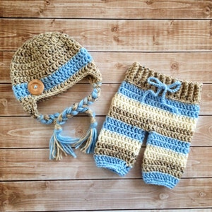 Big Button Beanie in Oatmeal, Baby Blue and Ecru with Matching Pants Available in Newborn to 6 Month Size- MADE TO ORDER