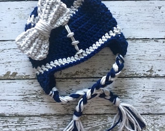 Dallas Cowboys Inspired Little Miss Football Beanie in Navy and Silver Available in Newborn to Child Size- MADE TO ORDER