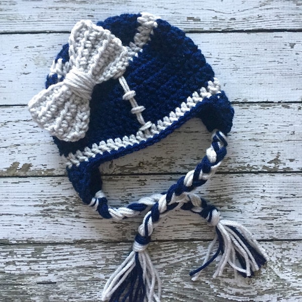 Dallas Cowboys Inspired Little Miss Football Beanie in Navy and Silver Available in Newborn to Child Size- MADE TO ORDER