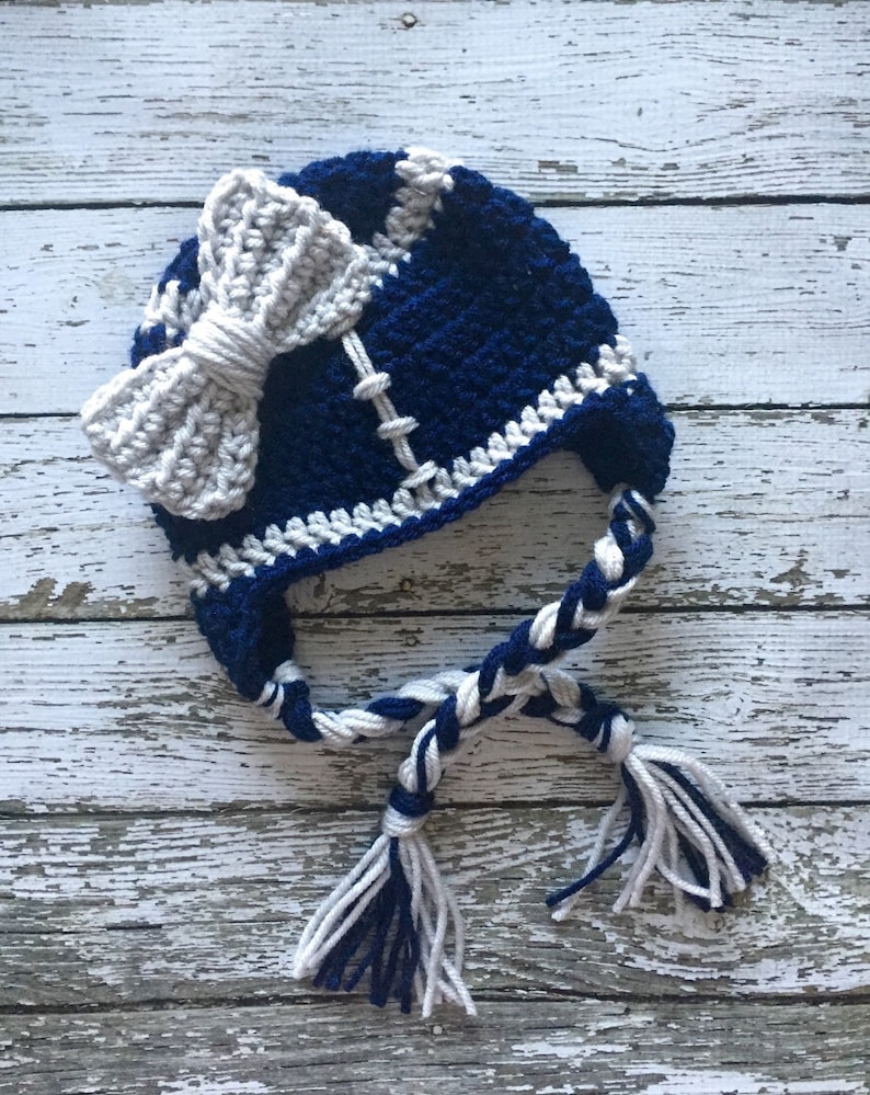 Dallas Cowboys Inspired Little Miss Football Beanie in Navy and Silver Available in Newborn to Child Size MADE TO ORDER image 1