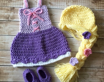 Princess Rapunzel Inspired Costume/ Crochet Rapunzel Wig/Princess Dress/Princess Photo Prop Newborn to 12 Month Size-MADE TO ORDER