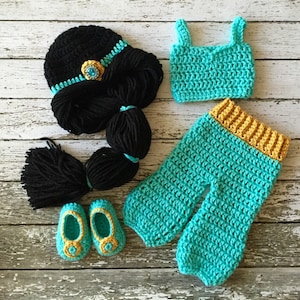 Princess Jasmine Inspired Costume/ Crochet Princess Jasmine Wig/Princess Costume/Princess Photo Prop Newborn to 12 Month Size-MADE TO ORDER