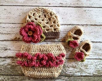 The Sofia Flower Beanie in Oatmeal, Pink Rose and Taupe with Matching Diaper Cover and Booties in Newborn to 24 Months Size- MADE TO ORDER