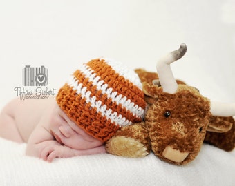 Texas Longhorn Inspired Stripe Beanie in White and Orange Available in Newborn to 12 Month Size- MADE TO ORDER