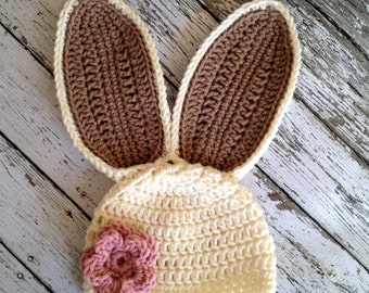 Bunny Beanie/Bunny Costume/Easter Costume/Floppy Ears- in Ecru and Light Taupe Available in Size Newborn to 5 Years- MADE TO ORDER