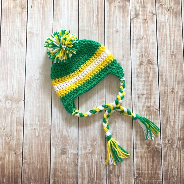 Green Bay Packers/Oregon Ducks Inspired Stripe Pom Pom Beanie in Green, Yellow and White Available in Newborn to Adult Size- MADE TO ORDER