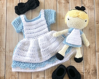 Alice in Wonderland Inspired Costume and Matching Doll/Crochet Alice in Wonderland Dress/Photo Prop Newborn to 12 Month- MADE TO ORDER