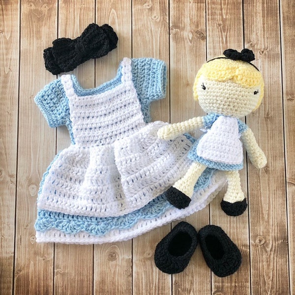 Alice in Wonderland Inspired Costume and Matching Doll/Crochet Alice in Wonderland Dress/Photo Prop Newborn to 12 Month- MADE TO ORDER