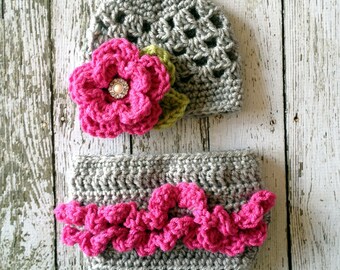 The Sofia Flower Beanie in Hot Pink, Gray and Celery Green with Matching Diaper Cover Available in Newborn to 24 Months Size- MADE TO ORDER