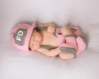 Firefighter Helmet in Pink, Gray and White with Matching Boots and Diaper Cover Available in Newborn to 12 Month Size- MADE TO ORDER