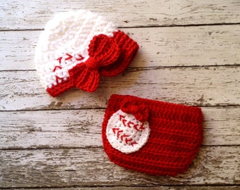 Little Miss Baseball Newsboy Cap in Red and White with Matching Diaper Cover Available in Newborn to 24 Month Size- MADE TO ORDER