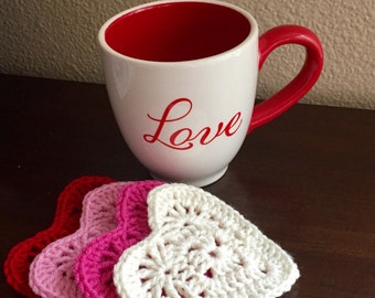 Valentine's Day Heart Coasters/Set of 4 Heart Coasters/Heart Coffee Cup Coaster/Crochet Coasters- MADE TO ORDER