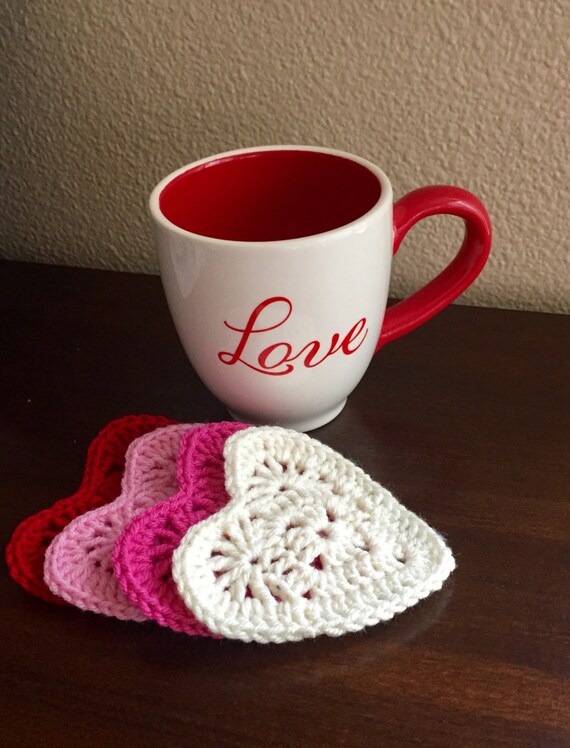 Valentine's Day Heart Coasters/Set of 4 Heart Coasters/Heart Coffee Cup Coaster/Crochet Coasters- MADE TO ORDER