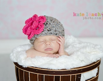 The Emma Beanie in Gray and Hot Pink Available in Newborn to 12 Months Size- MADE TO ORDER