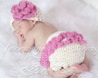 The Emma Beanie in Ecru and Bright Pink with Matching Diaper Cover Available in Newborn to 12 Months- MADE TO ORDER