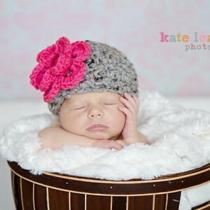 The Emma Beanie in Gray and Hot Pink with Matching Diaper Cover, Headband and Leg Warmers Available in 3 Sizes MADE TO ORDER image 4