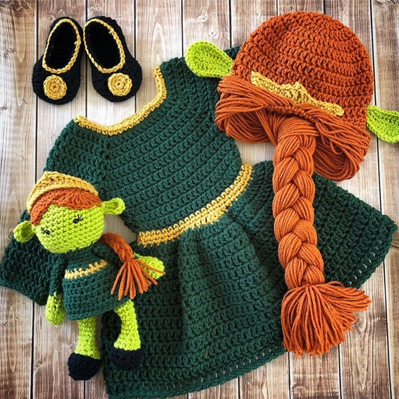 Fiona Shrek Inspired Costume and Matching Doll crochet Fiona Wig
