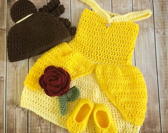 Princess Belle Beauty and the Beast Inspired Costume/Crochet Princess Belle Dress/Princess Photo Prop Newborn to 12 Months- MADE TO ORDER