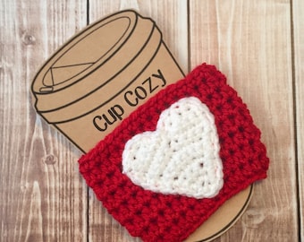 Valentine's Day Coffee Cup Cozy/Coffee Cup Cozies/Heart Coffee Cup Cozy/Crochet Coffee Cup Cozy in Red and White- MADE TO ORDER