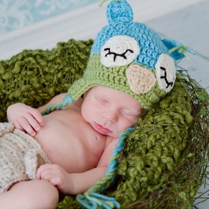 Mr Sleepy Owl Beanie in Aqua Blue and Celery Green Available in Newborn to 5 Years Size MADE TO ORDER image 3
