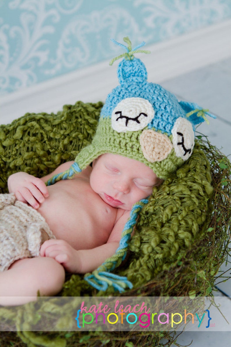 Mr Sleepy Owl Beanie in Aqua Blue and Celery Green Available in Newborn to 5 Years Size MADE TO ORDER image 3