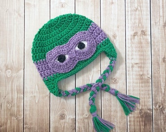 Ninja Turtle Donatello Inspired Beanie in Green and Purple Available in Newborn to Adult Size- MADE TO ORDER