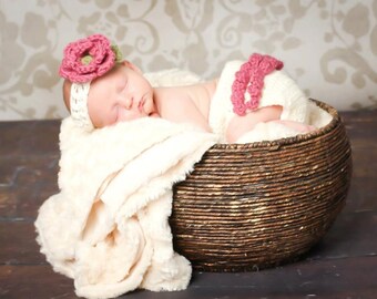 The Ava Flower Headband in Dark Rose, Ecru and Olive Green with Matching Diaper Cover Available in Newborn to 24 Months- MADE TO ORDER