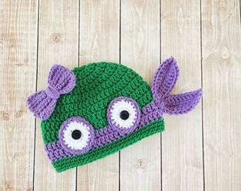 Girl Ninja Turtle Inspired Beanie in Green and Purple Available in Newborn to Adult Size- MADE TO ORDER