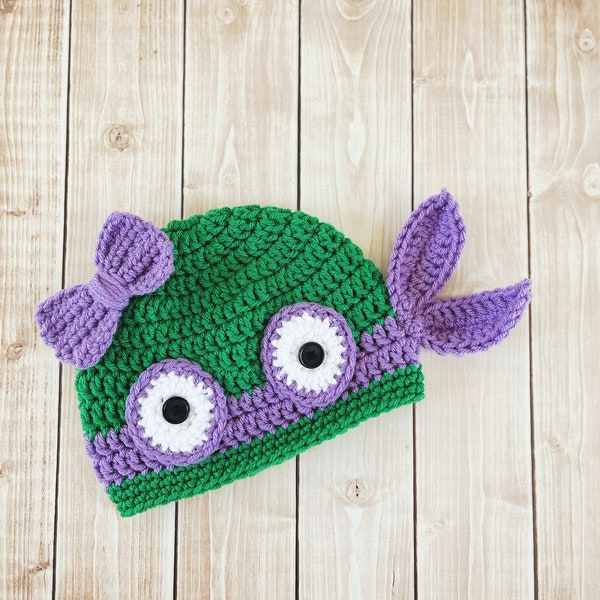 Girl Ninja Turtle Inspired Beanie in Green and Purple Available in Newborn to Adult Size- MADE TO ORDER