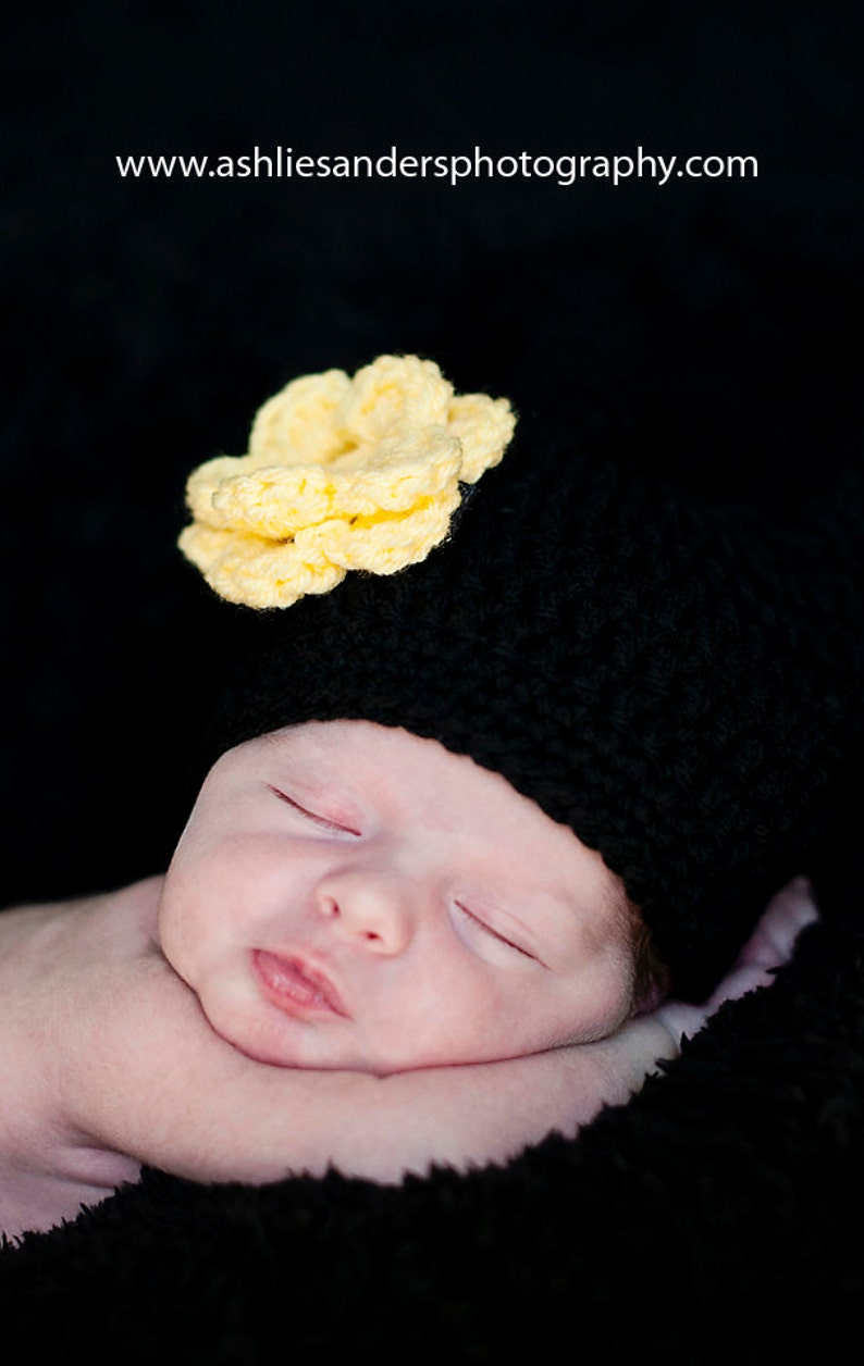 Little Miss Bumble Bee Beanie in Black and Yellow Available in Newborn to 6 Months Size MADE TO ORDER image 3