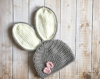 Bunny Beanie/Bunny Costume/Easter Costume/Floppy Ears-  in Light Gray and Dusty Pink Available in Size Newborn to Child Size- MADE TO ORDER