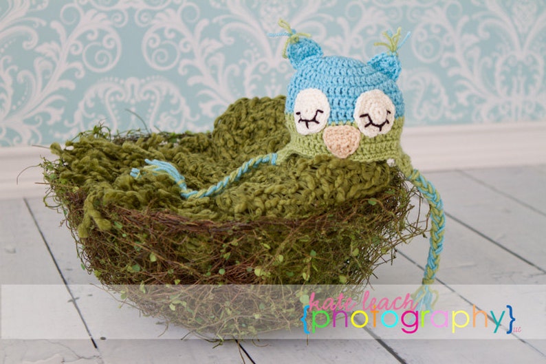 Mr Sleepy Owl Beanie in Aqua Blue and Celery Green Available in Newborn to 5 Years Size MADE TO ORDER image 5