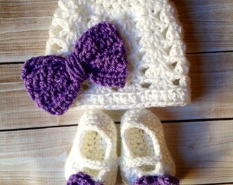 Ashlee Beanie and Matching Mary Jane Baby Booties/Hat and Shoe Set in White and Purple Available in 0 to 24 Months Size- MADE TO ORDER