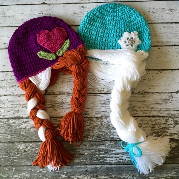Gorro inspirado en Anna y Elsa/Peluca tejida a crochet de Anna y Elsa/Disponible en tallas para recién nacidos y niños. HECHO A PEDIDO