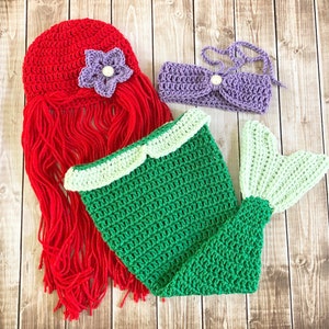 Princess Ariel Inspired Mermaid Costume/Princess Ariel Mermaid Tail/Ariel Wig Hat/Princess Photo Prop Newborn to 12 Months- MADE TO ORDER
