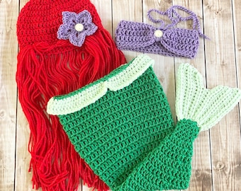 Princess Ariel Inspired Mermaid Costume/Princess Ariel Mermaid Tail/Ariel Wig Hat/Princess Photo Prop Newborn to 12 Months- MADE TO ORDER