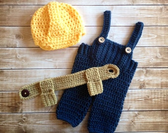 Baby Construction/ Contractor/ Helmet, Overalls, and Tool Belt Set in Newborn and 0-3 Month Size- MADE TO ORDER
